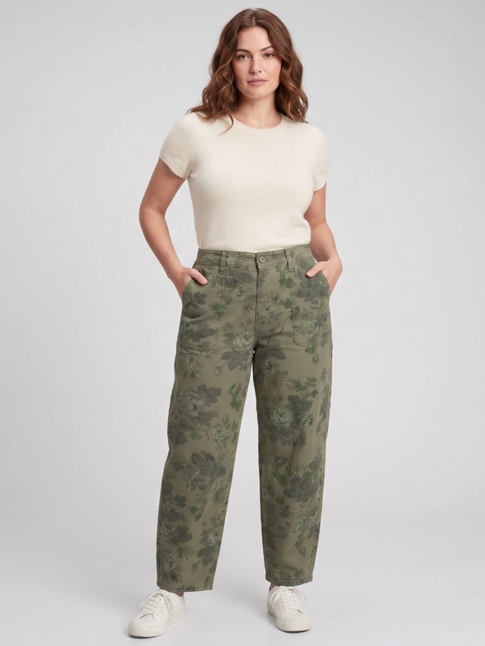 GAP High Rise Barrel Jeans Green Olive Floral Print Utility Size 16 - Picture 2 of 11